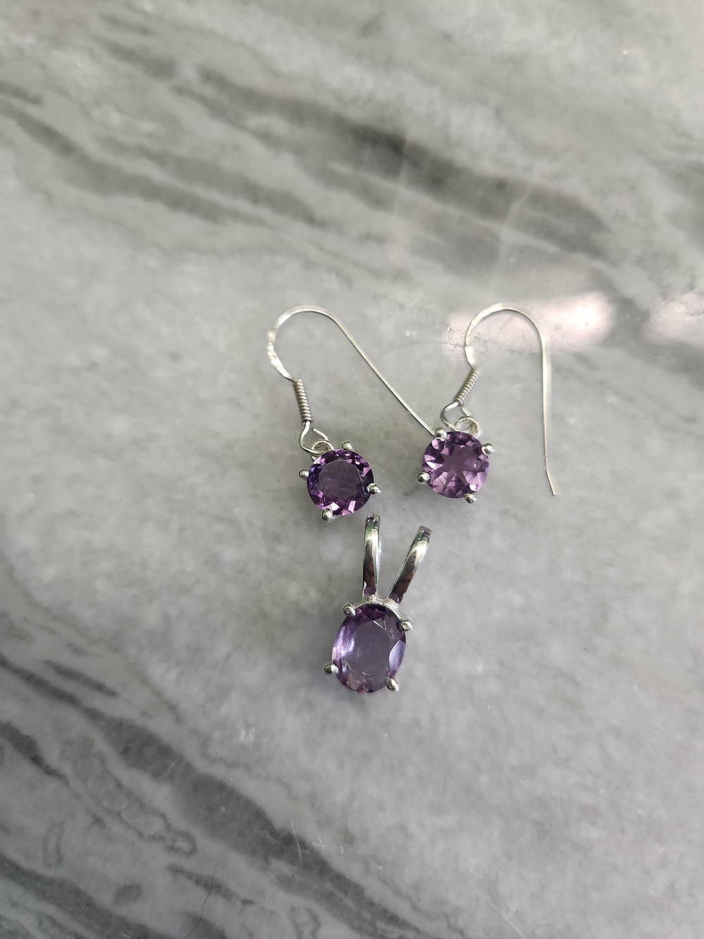 Sterling Silver 925 Purple Amethyst Pendant and Earrings Set